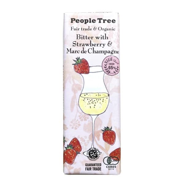 Front view of product:  People Tree Fair Trade Bar Chocolate, Bitter with Strawberry & Marc de Champagne