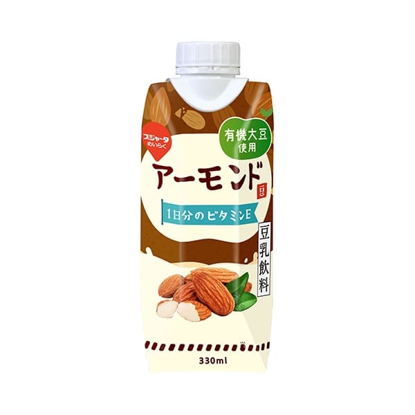 Front view of product: Sujahta Meiraku Almond Soymilk Beverage with Organic Soybeans
